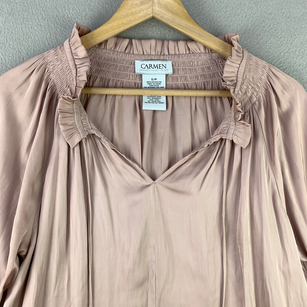 Carmen‎ Marc Valvo Blouse Women S Pink Satin Smocked Ruffle V-Neck Peasant Top - Picture 3 of 9